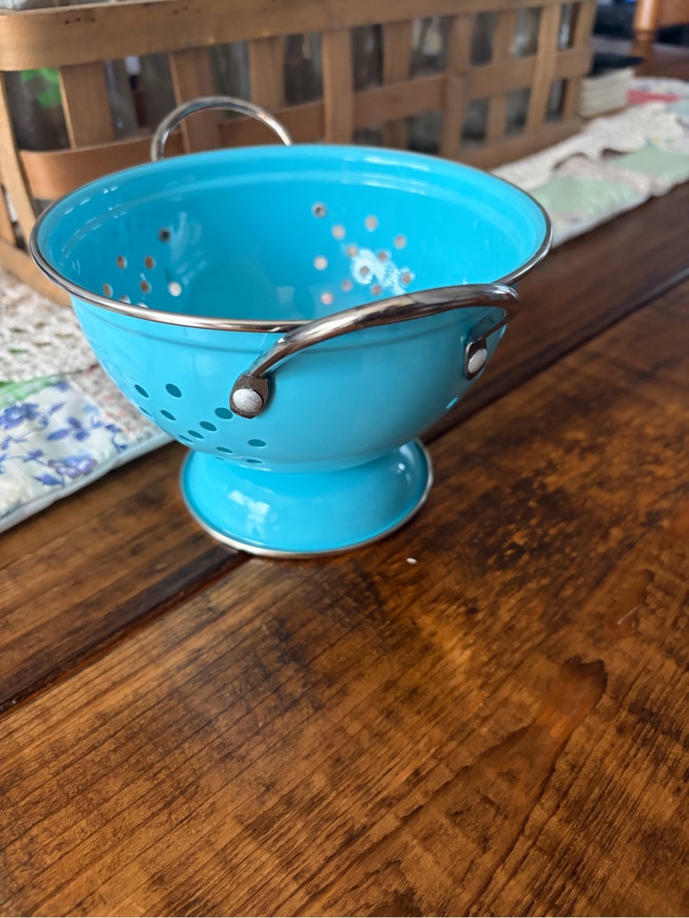 Vintage Turquoise Metal Colander - Stylish small Kitchen strainer